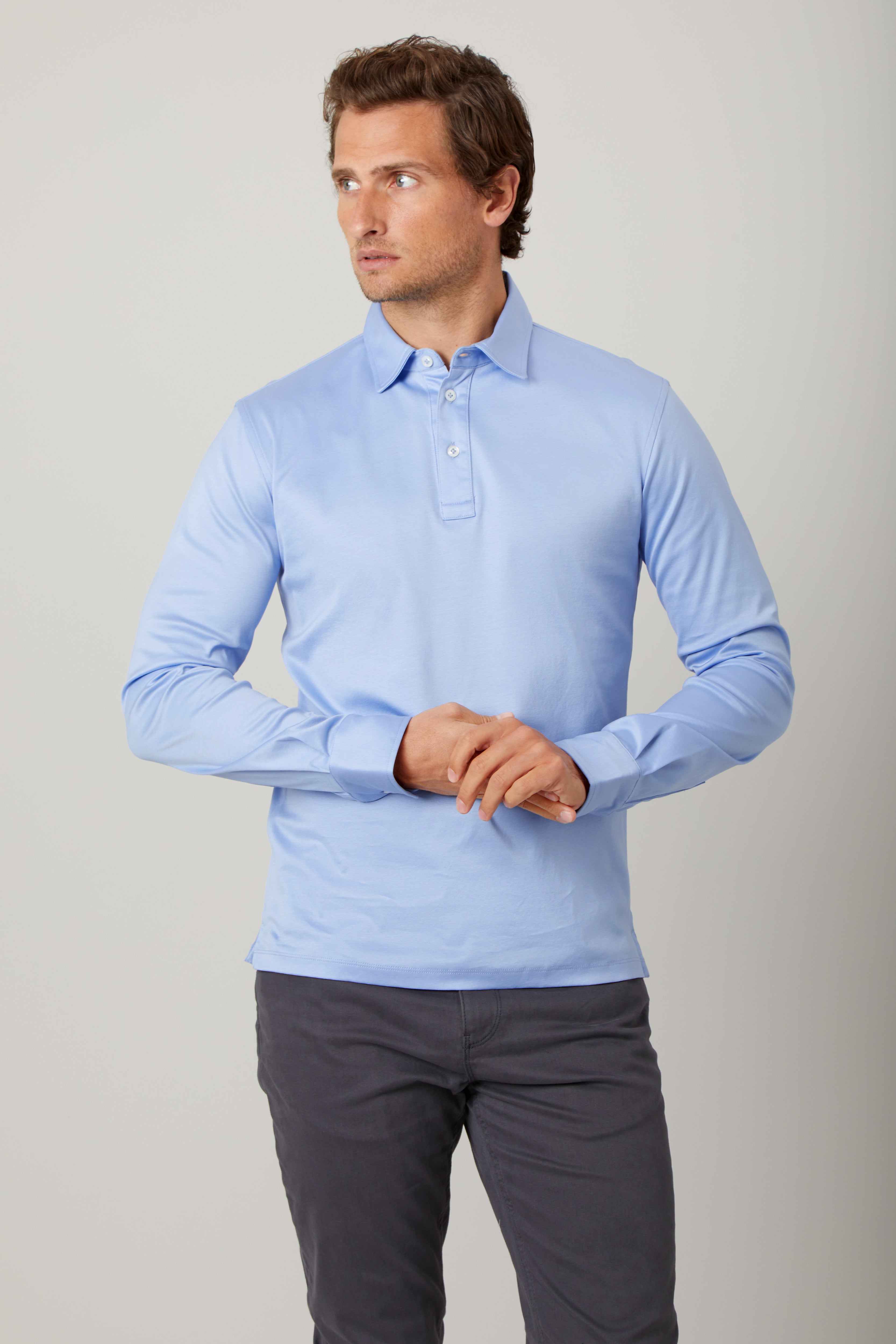 Long Sleeve Polo Shirt Supima Cotton Light Blue Niccolò