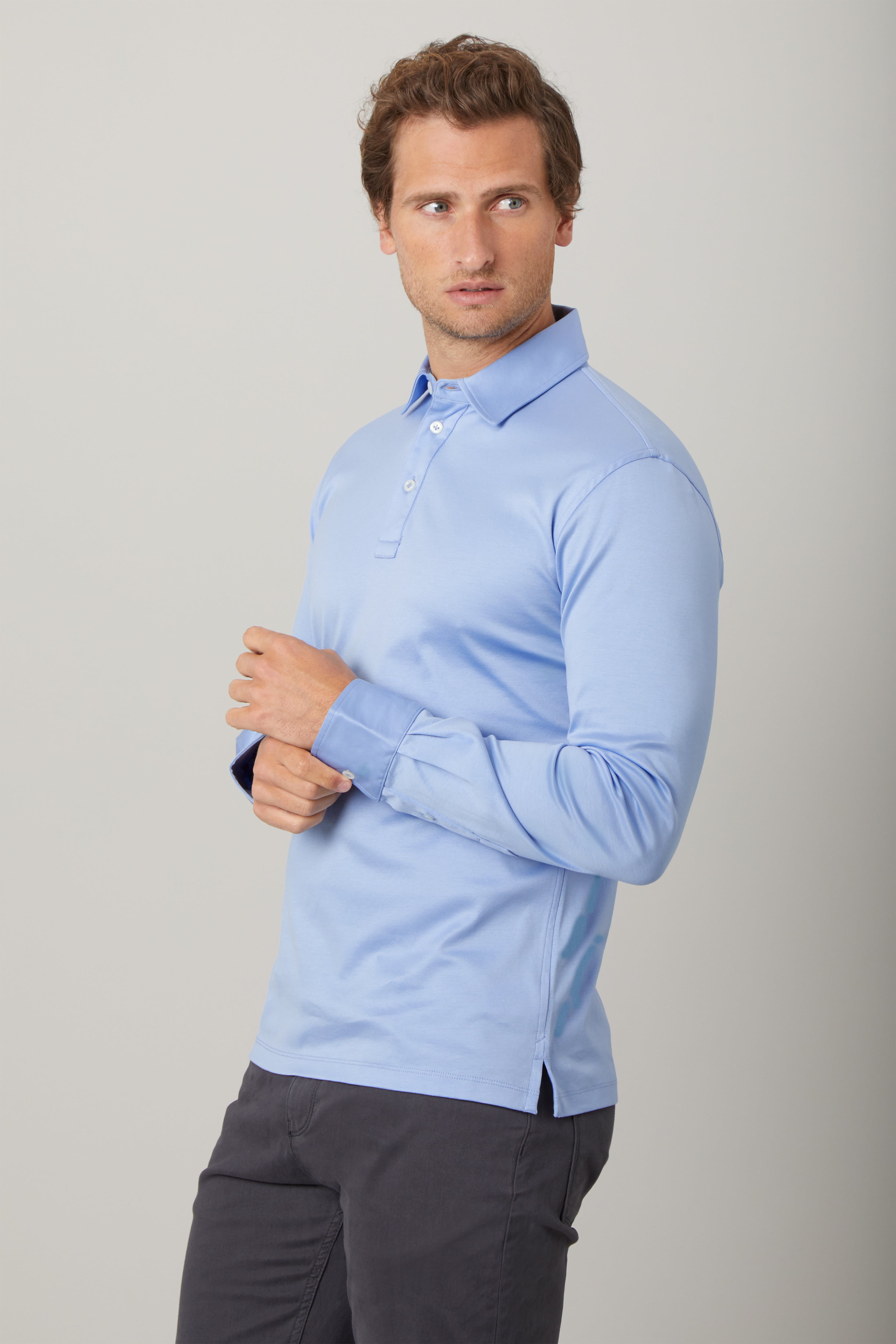 Long Sleeve Polo Shirt Supima Cotton Light Blue Niccolò