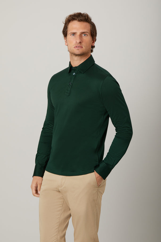 Front view of model wearing men's Racing Green long sleeve polo shirt made from Supima cotton
