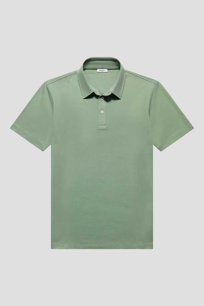 Flatlay of men's Jade Green polo shirt made from Egyptian cotton