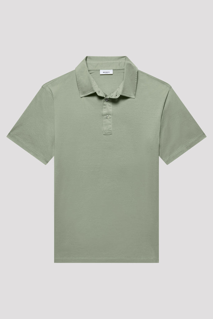 Flatlay of men's Tuscan Sage Green polo shirt made from Sea Island cotton