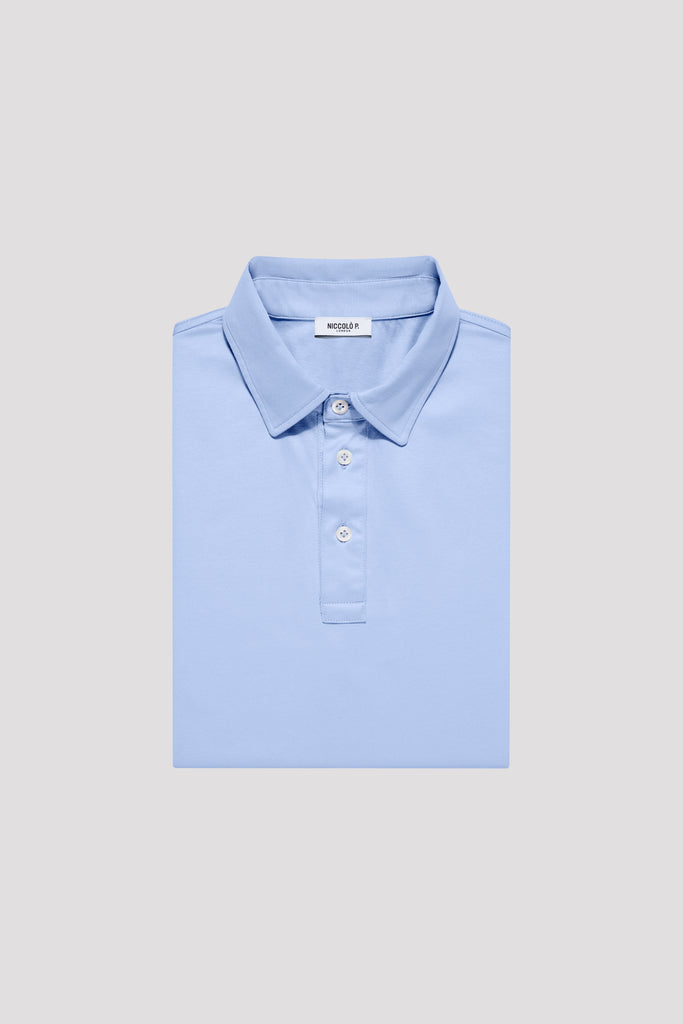 Cadiz Blue Long Sleeve Polo Shirt in Egyptian Cotton