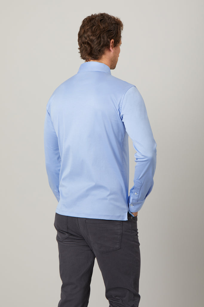 Cadiz Blue Long Sleeve Polo Shirt in Egyptian Cotton