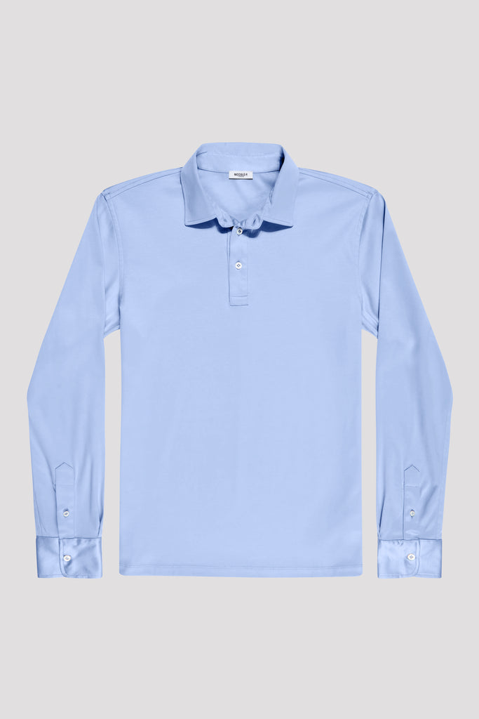 Cadiz Blue Long Sleeve Polo Shirt in Egyptian Cotton