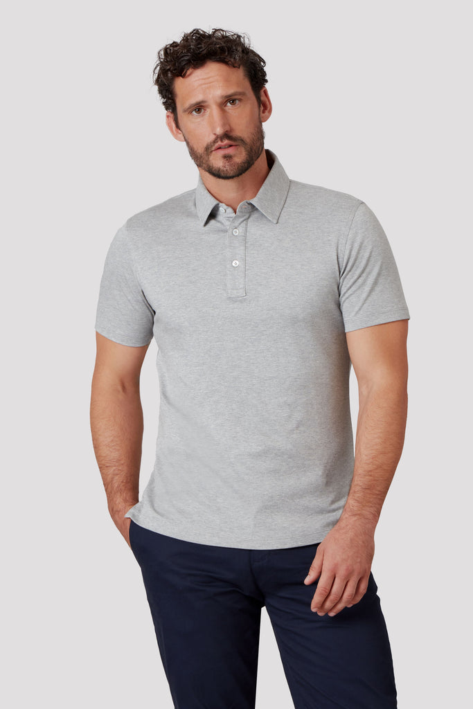 Grey Mélange Polo Shirt in Suvin Gold Cotton