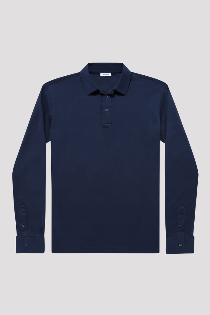 Navy Long Sleeve Polo Shirt in Egyptian Cotton