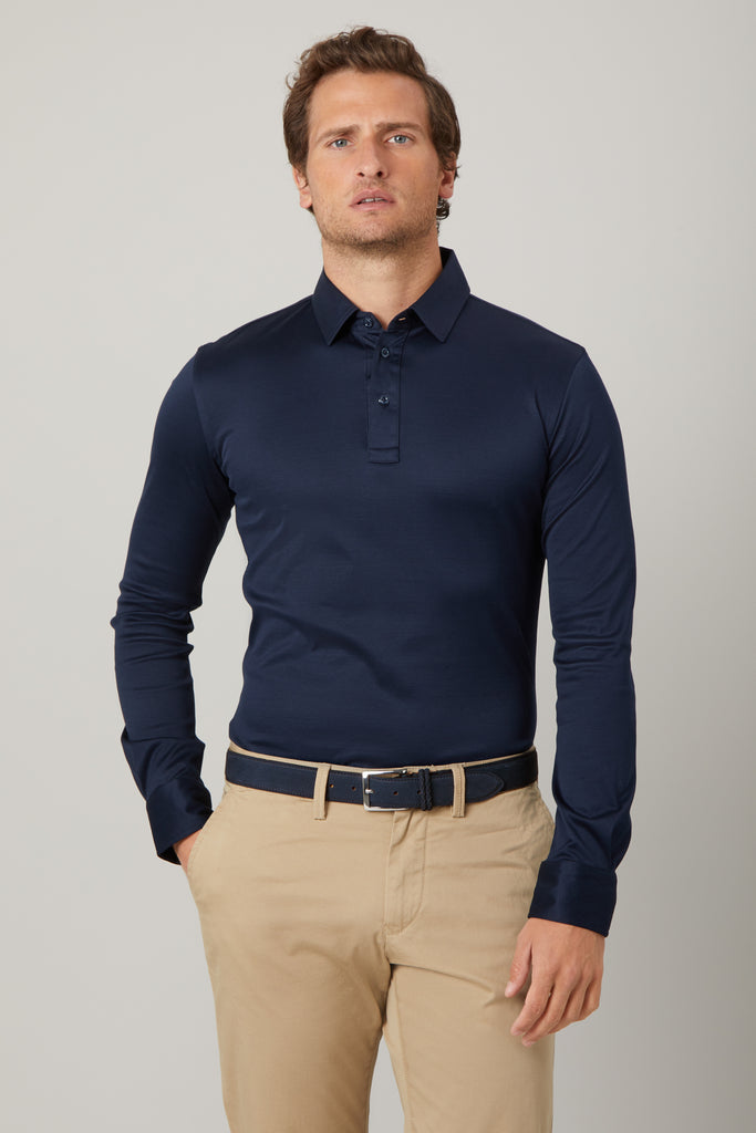 Navy Long Sleeve Polo Shirt in Egyptian Cotton