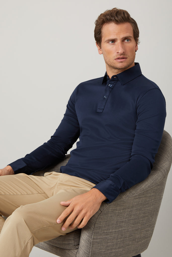 Navy Long Sleeve Polo Shirt in Egyptian Cotton