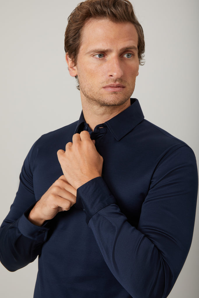 Navy Long Sleeve Polo Shirt in Egyptian Cotton