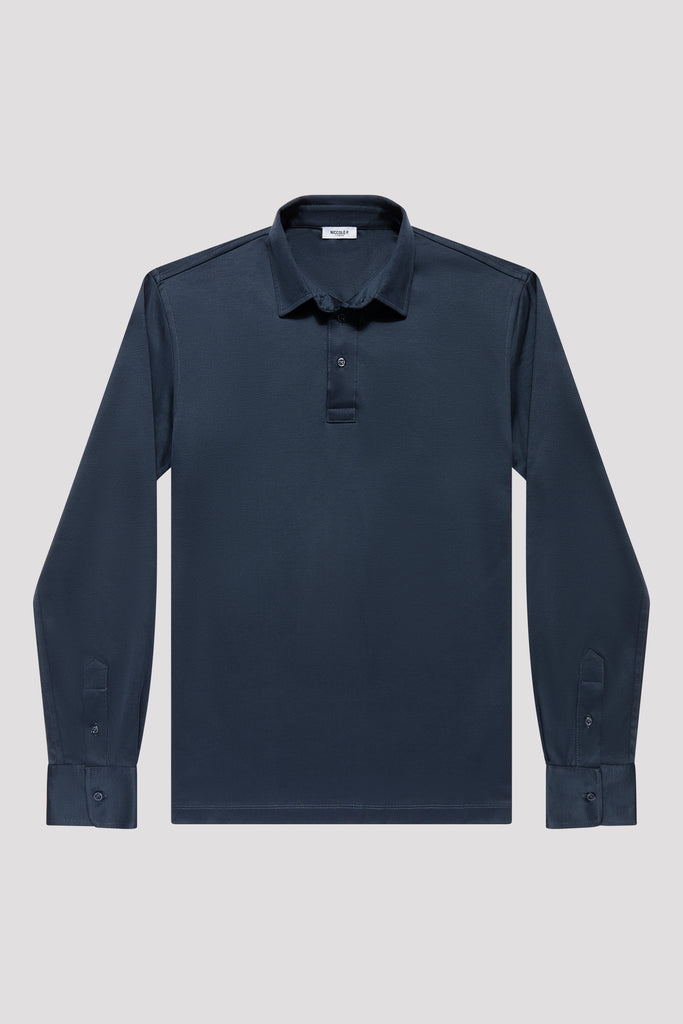 Slate Grey Long Sleeve Polo Shirt in Egyptian Cotton