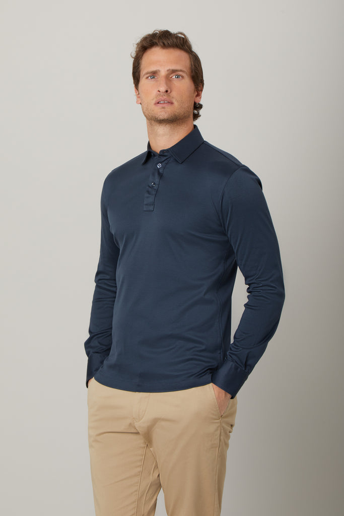 Slate Grey Long Sleeve Polo Shirt in Egyptian Cotton