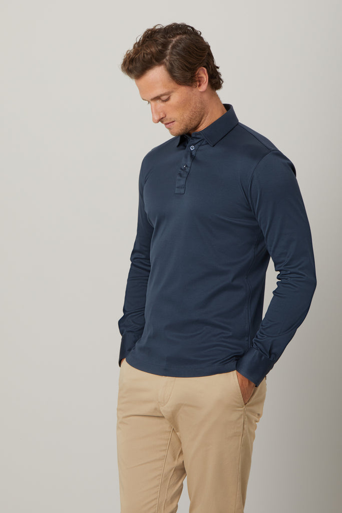 Slate Grey Long Sleeve Polo Shirt in Egyptian Cotton