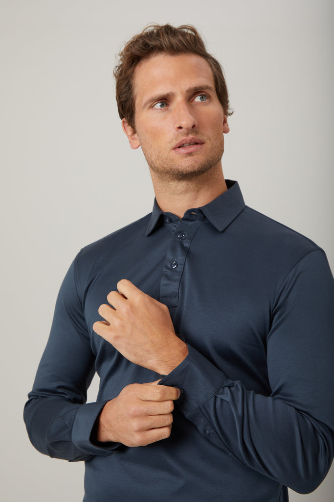 Slate Grey Long Sleeve Polo Shirt in Egyptian Cotton